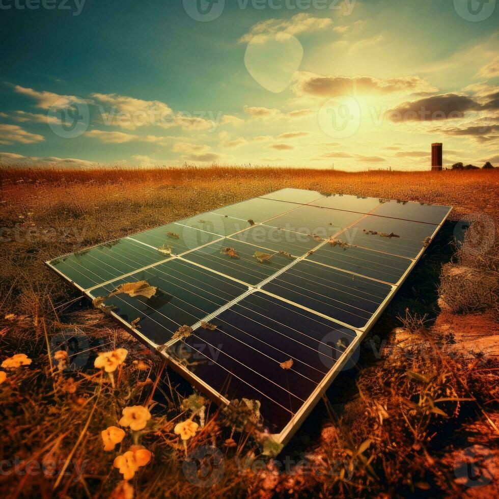 Solar- Energie Paneele im ein Feld beim Sonnenuntergang foto