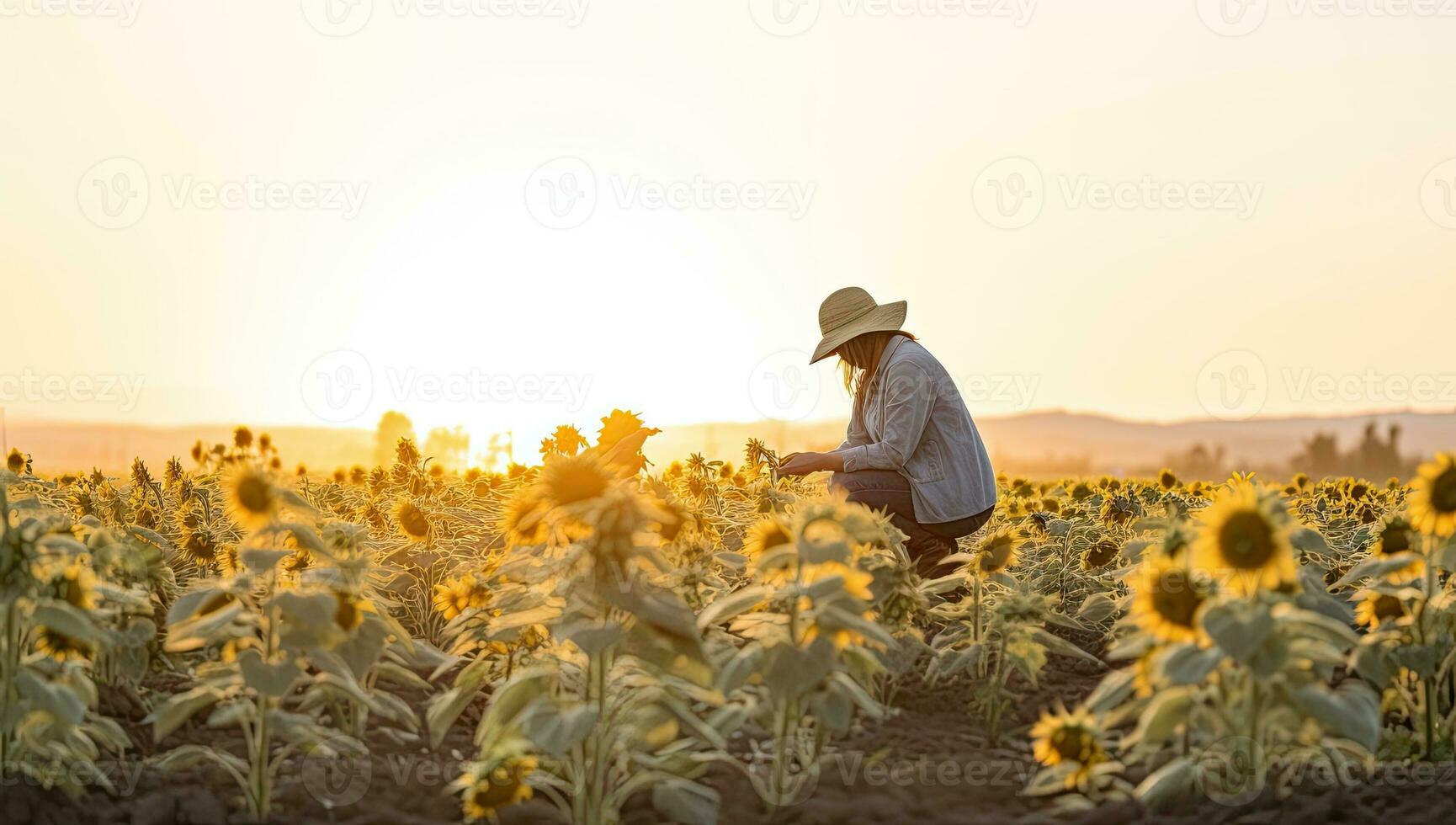 Farmer Prüfung Sonnenblume Feld beim Sonnenuntergang. Landwirtschaft und Landwirtschaft Konzept foto