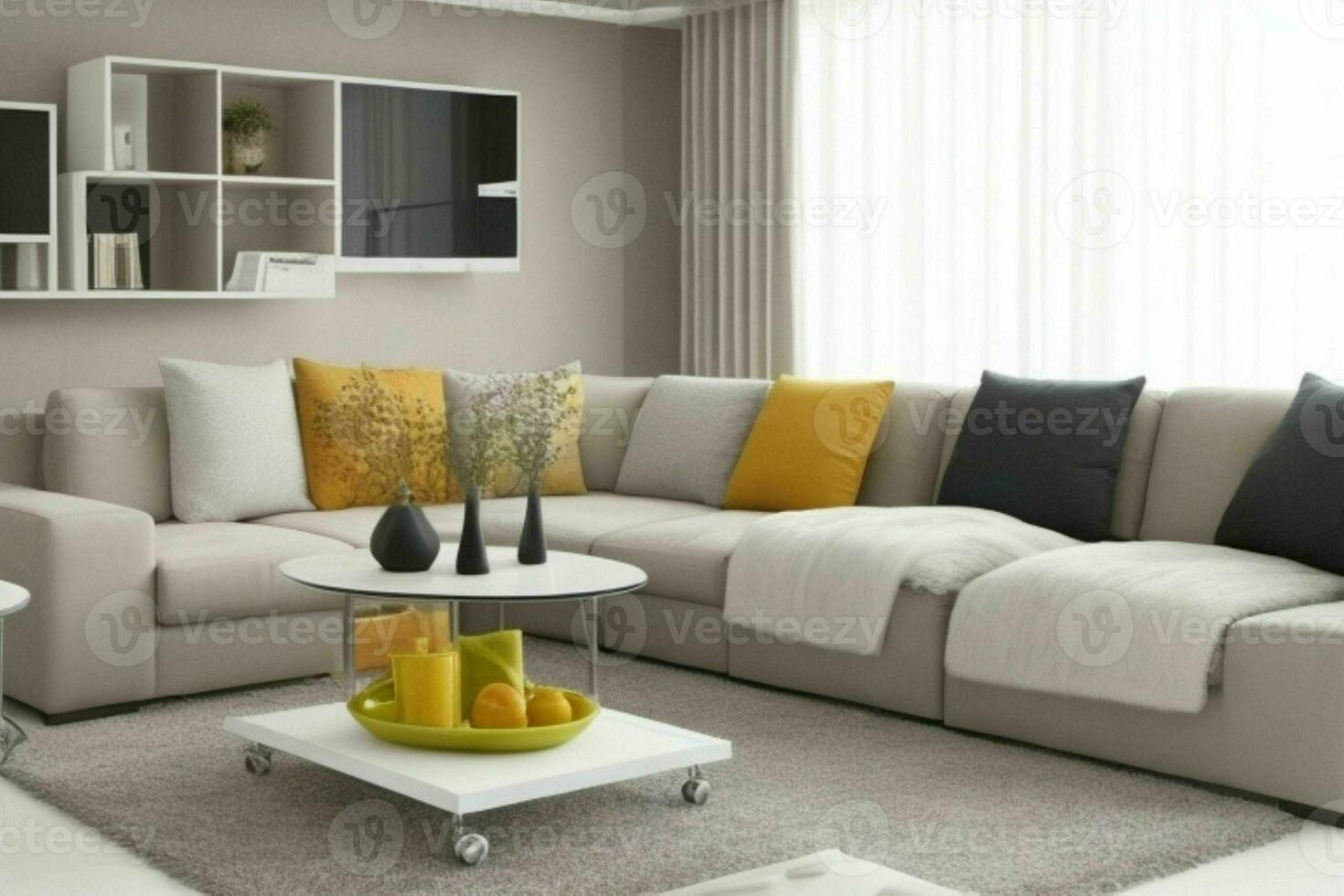 modern Leben Zimmer Design mit komfortabel Sofa und elegant Dekoration foto