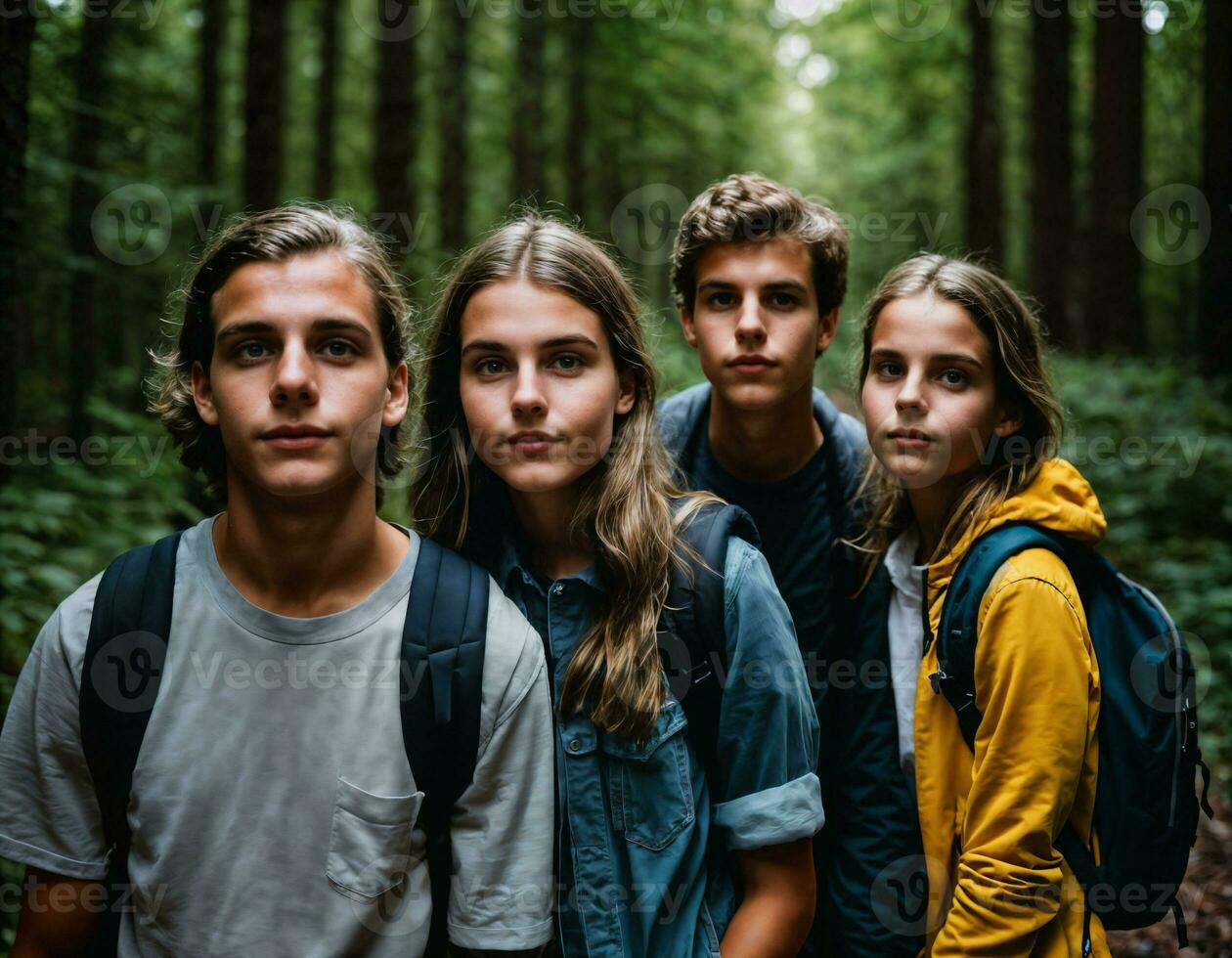 Foto Gruppe von Teenager wie ein Backpacker im das dunkel Holz, generativ ai