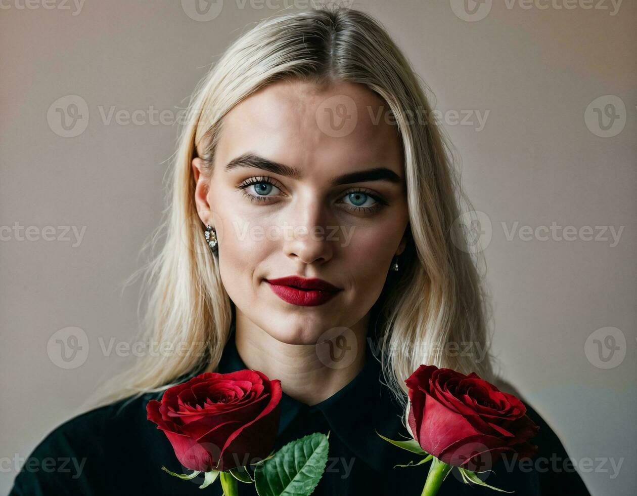 Foto von schön Frau im blond Haar Farbe mit rot Rose Hintergrund, generativ ai