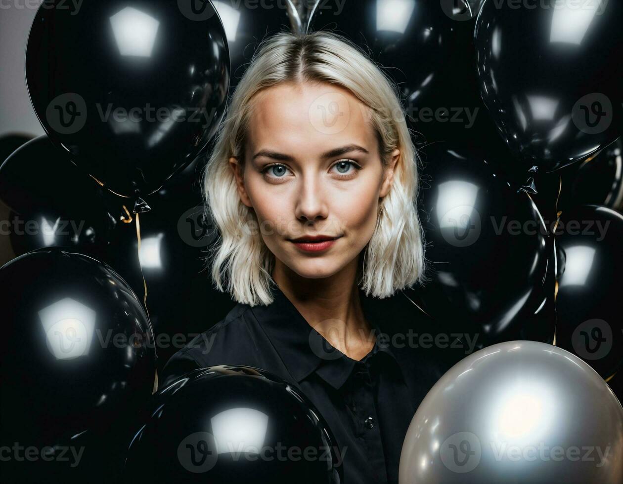 Foto von schön europäisch Frau mit blond Haar Farbe im schwarz und Weiß Luftballons im Hintergrund, generativ ai