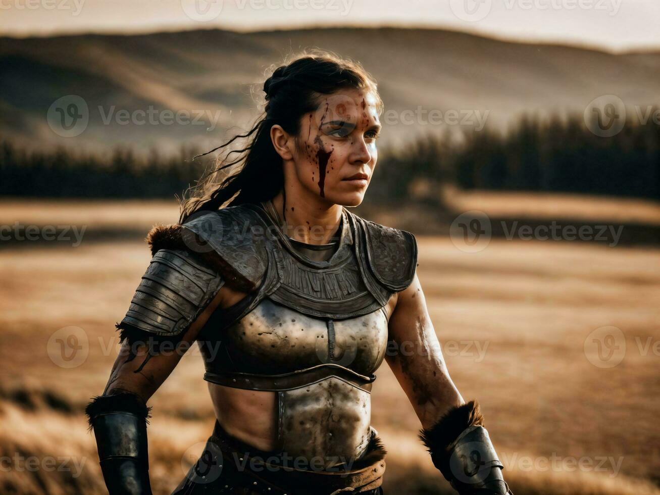 Foto von uralt Barbar weiblich Krieger befleckt , generativ ai