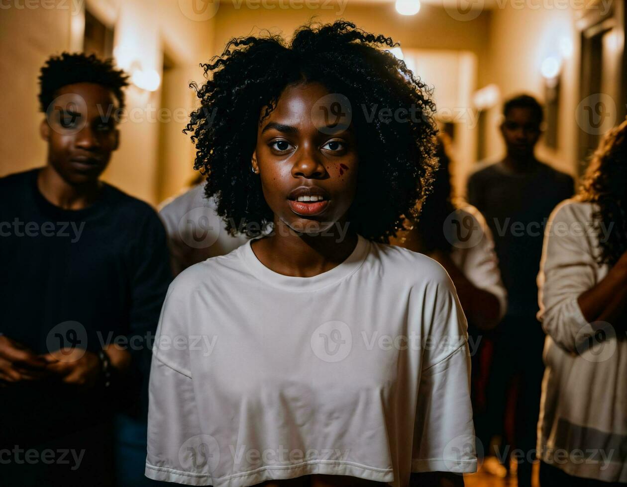 Foto von Wut wütend schwarz Teenager Hochschule Mädchen Kampf das andere mit Wunde auf Gesicht, generativ ai