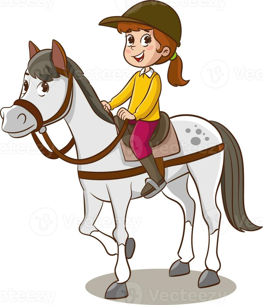 Illustration von ein wenig Mädchen Reiten ein Pferd auf ein Weiß Hintergrund foto
