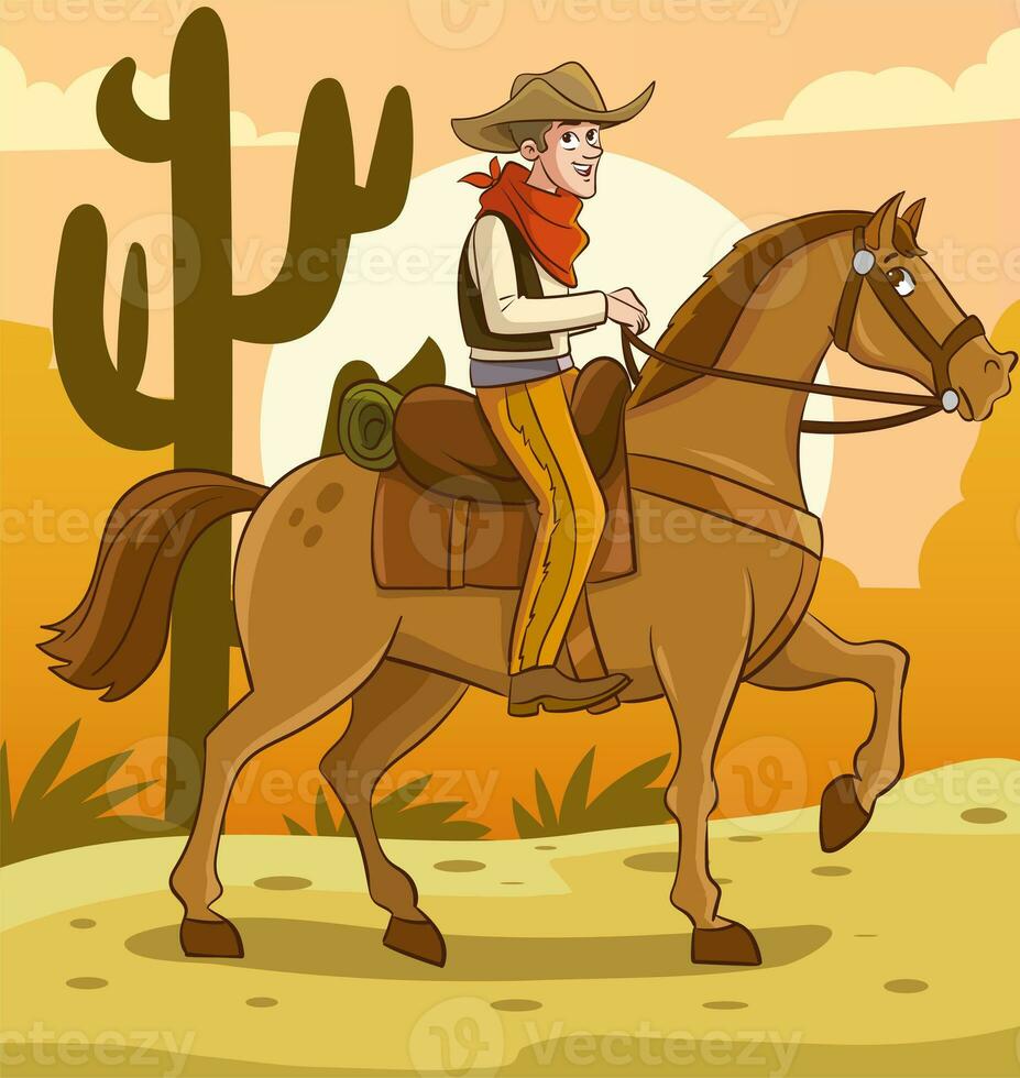 Cowboy Reiten ein Pferd im das Wüste. Vektor Illustration im Karikatur Stil foto