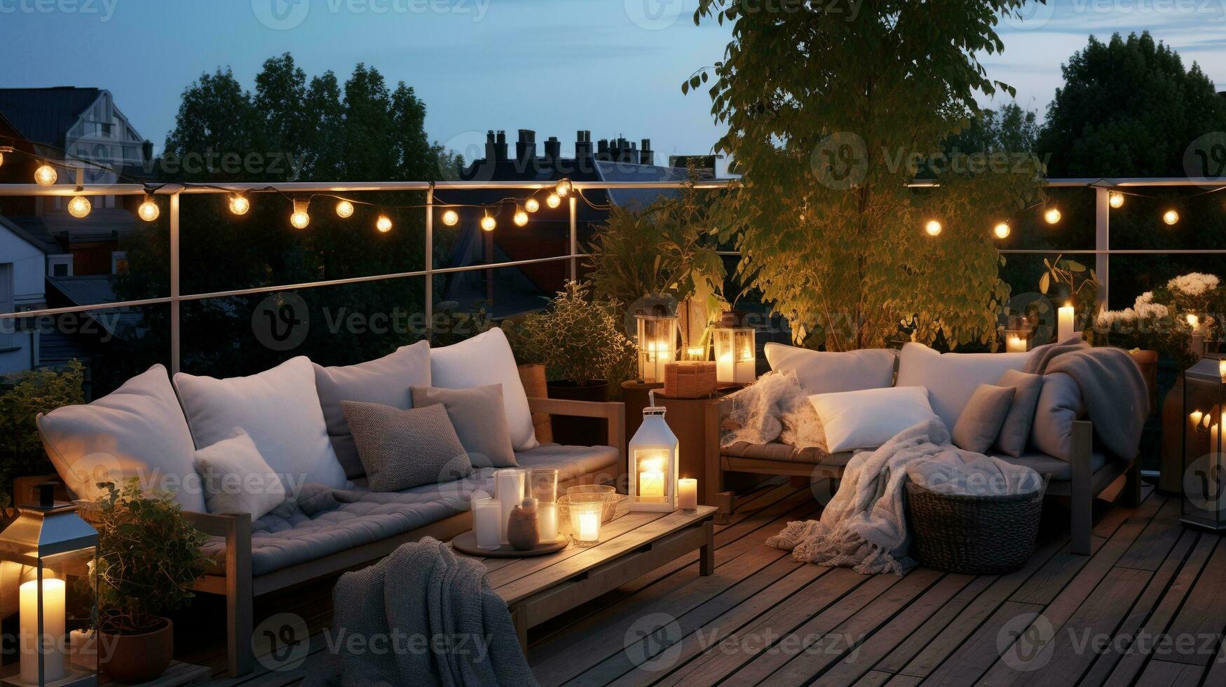 generativ ai, gemütlich Balkon im das Abend mit Laterne, Girlande und Kerzen. Sanft Sofas und Stühle zum entspannen. Bohemien Ideen foto