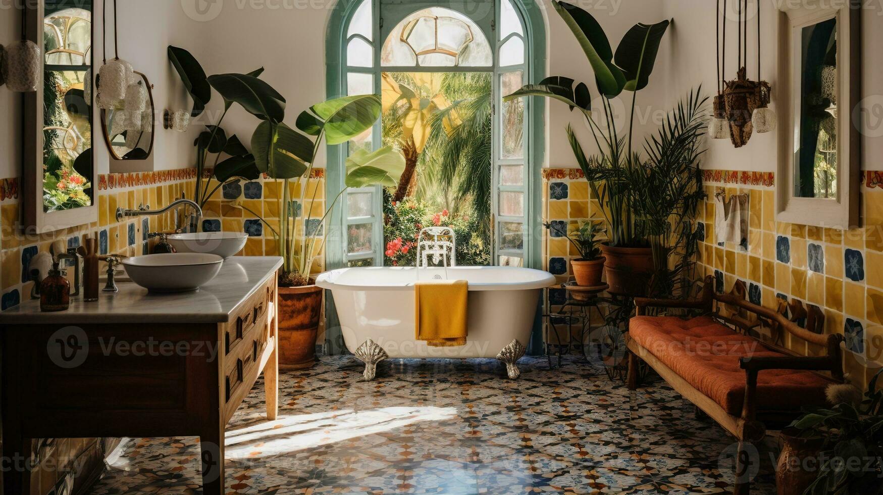 generativ ai, retro Boho Hotel Badezimmer, puerto rico Stil. hell Farben und Pflanzen foto