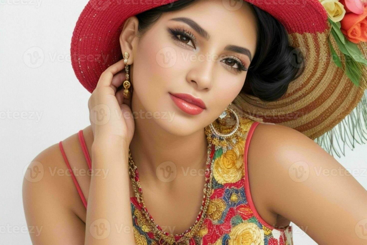 Porträt von ein modisch schön Frau im traditionell Kleider tragen ein Hut foto