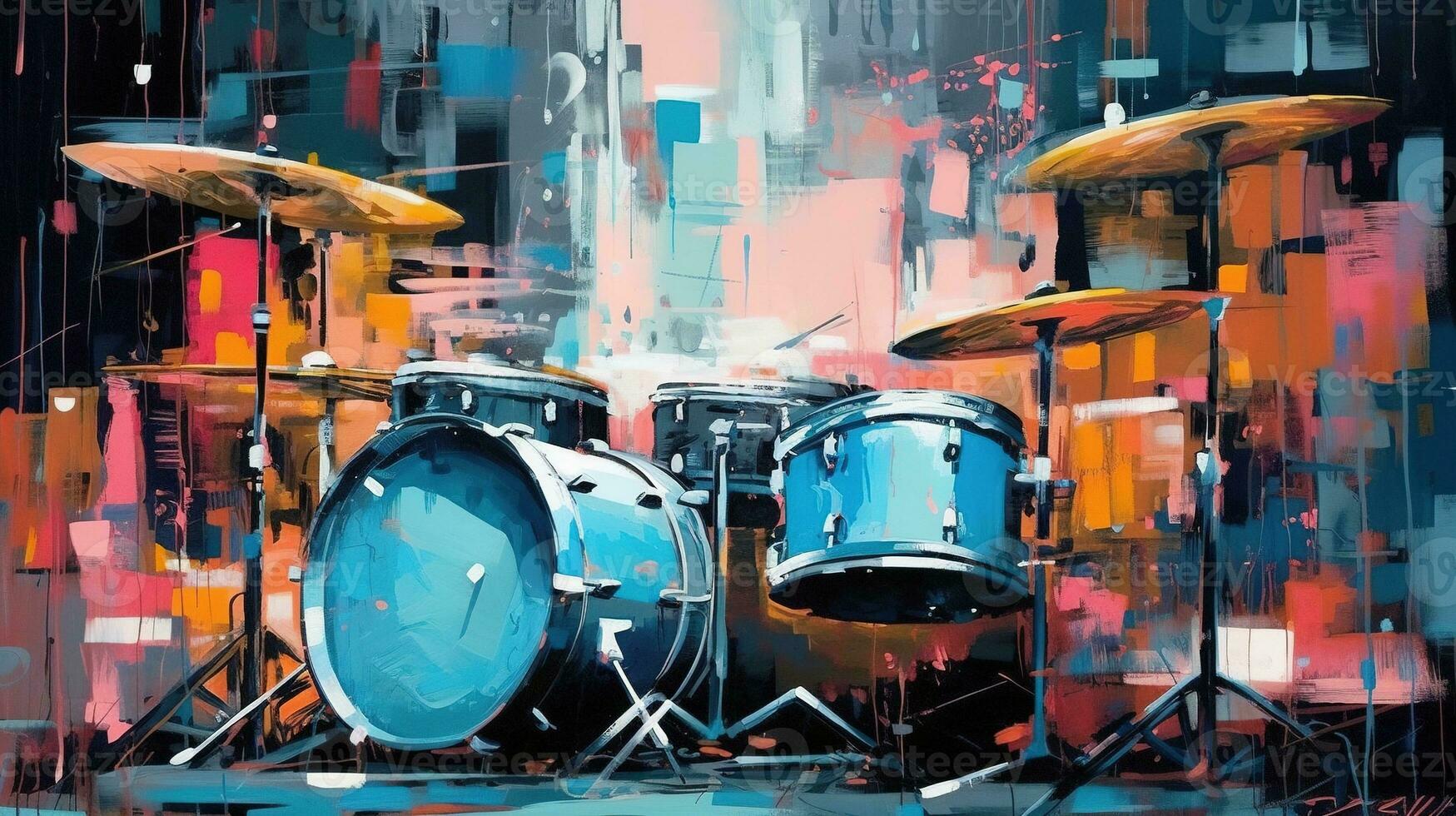generativ ai, Jazz Musik- Straße Kunst mit Schlagzeug Musical Instrument Silhouette. Tinte bunt Graffiti Kunst auf ein texturiert Wand, Segeltuch Hintergrund foto