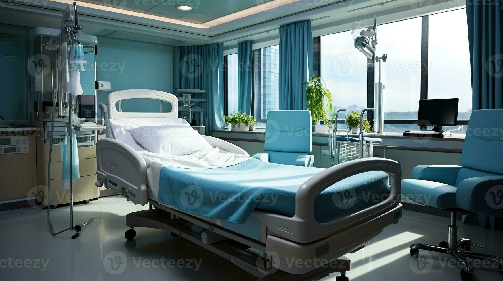 generativ ai, Wiederherstellung Zimmer mit komfortabel Bett, medizinisch Innere, leeren Krankenhaus Zimmer. foto
