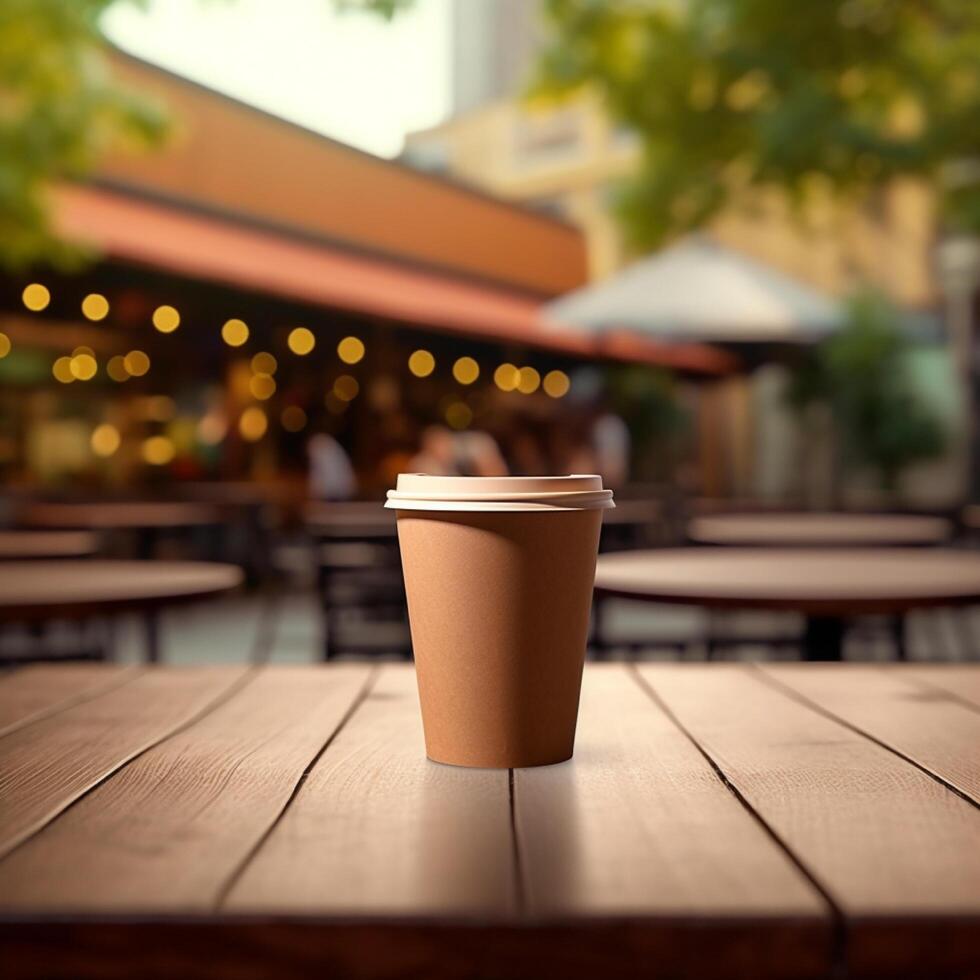 ai generativ braun Papier Kaffee Tasse, auf ein hölzern Tisch, mit verwischen Hintergrund von Cafe, hyper realistisch foto