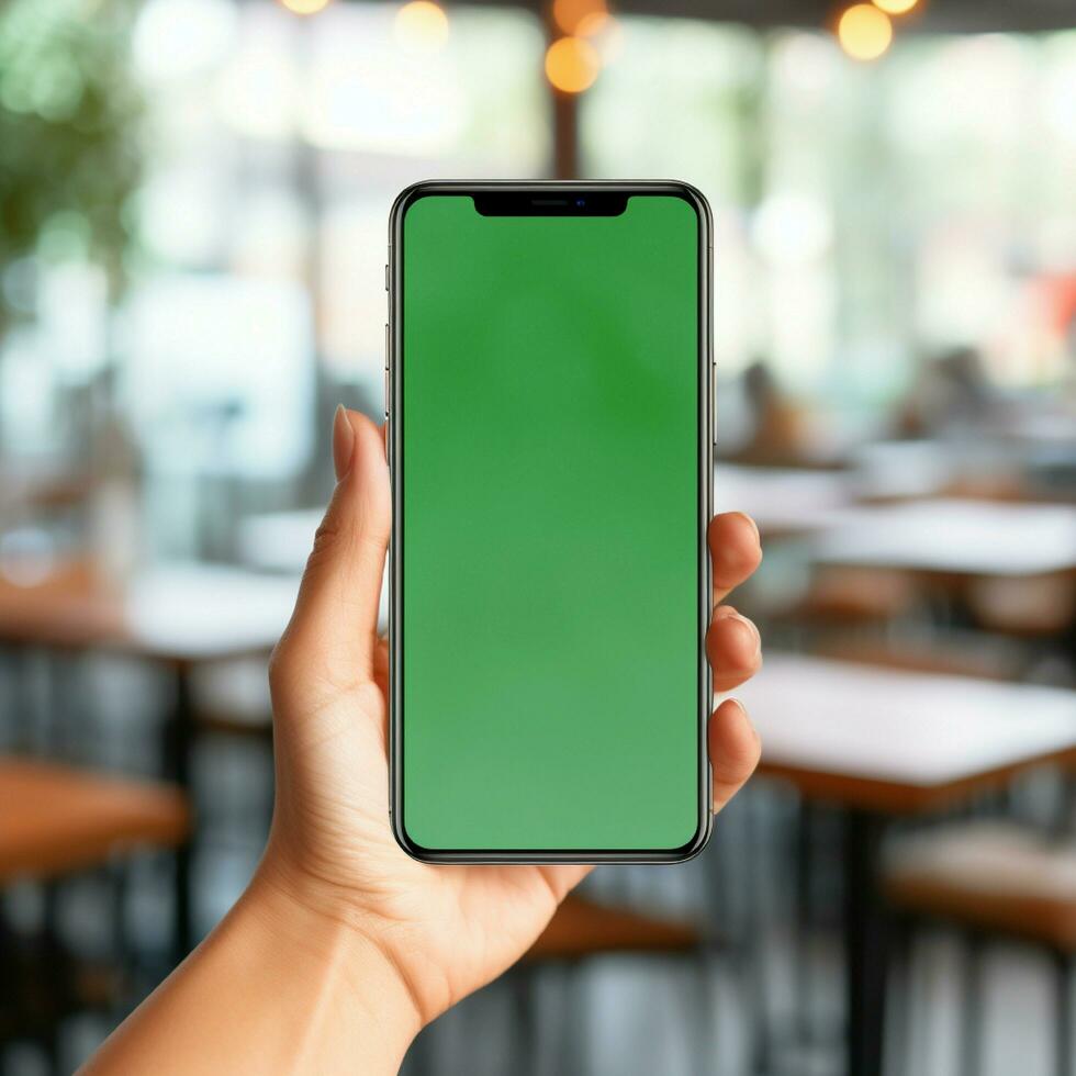 ai generativ Frauen Hand halten Clever Telefon mit das Bildschirm ist leer einfach hell Grün, verwischen Cafe Hintergrund foto