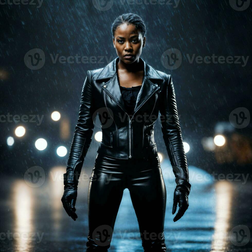 Foto von stark afrikanisch Frau mit schwarz Leder passen im schwer Regen Nacht, generativ ai