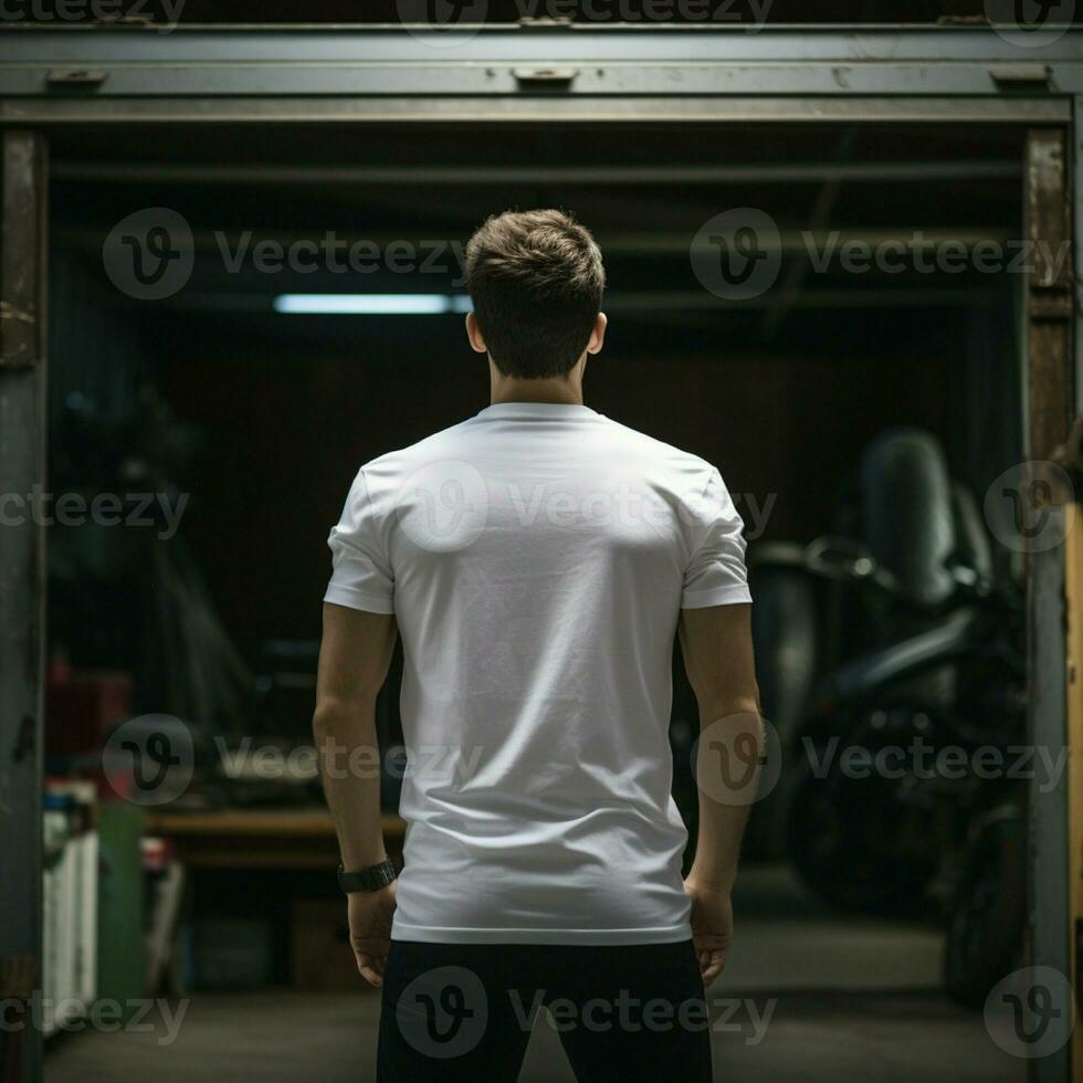 ai generativ ein Mann tragen ein einfach Weiß t - - Hemd auf das Garage gegenüber rückwärts, perfekt zu erstellen T-Shirt Attrappe, Lehrmodell, Simulation foto