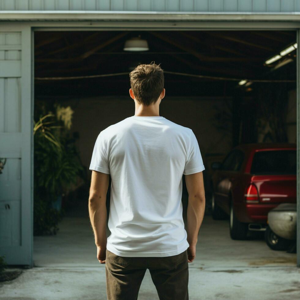 ai generativ ein Mann tragen ein einfach Weiß t - - Hemd auf das Garage gegenüber rückwärts, perfekt zu erstellen T-Shirt Attrappe, Lehrmodell, Simulation foto