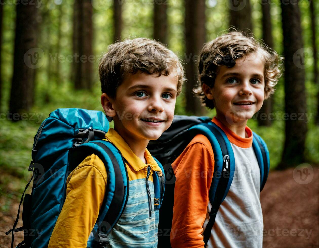 Foto Gruppe von Kinder wie ein Backpacker im das dunkel Holz, generativ ai