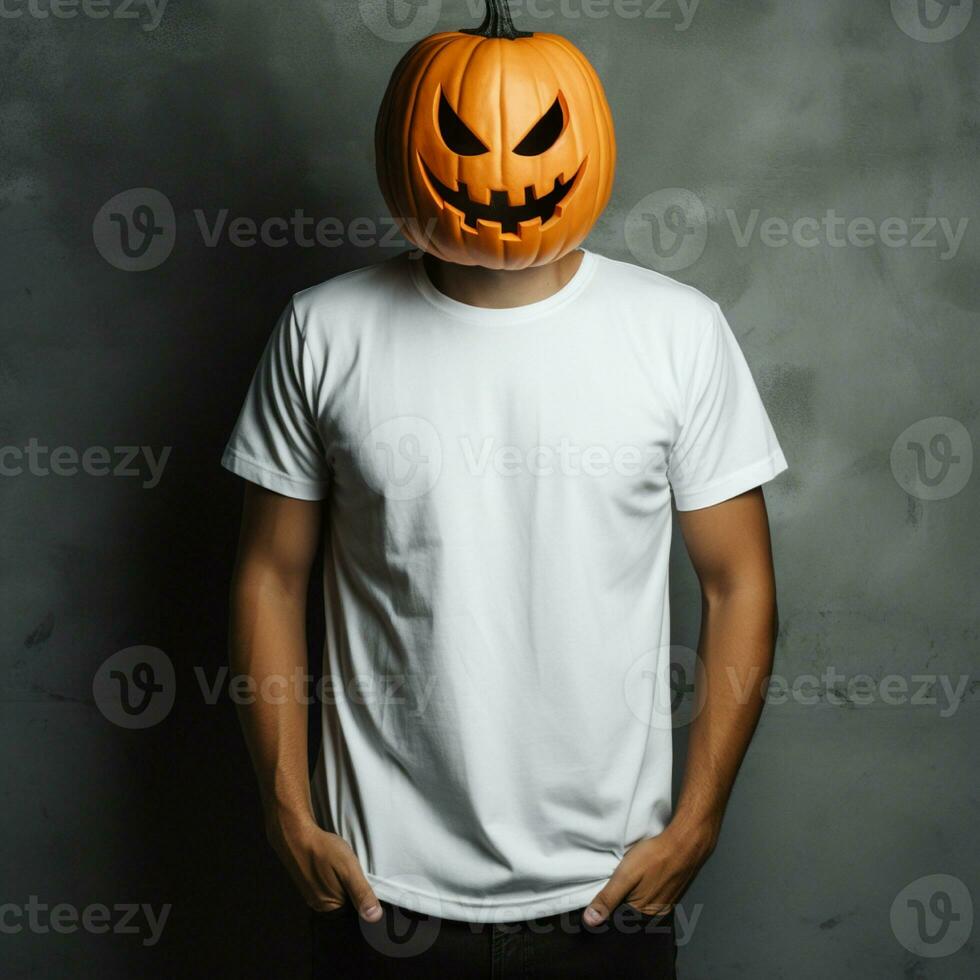 ai generiert Mann tragen leer Weiß t - - Shirt, tragen groß Halloween Kürbis Maske foto