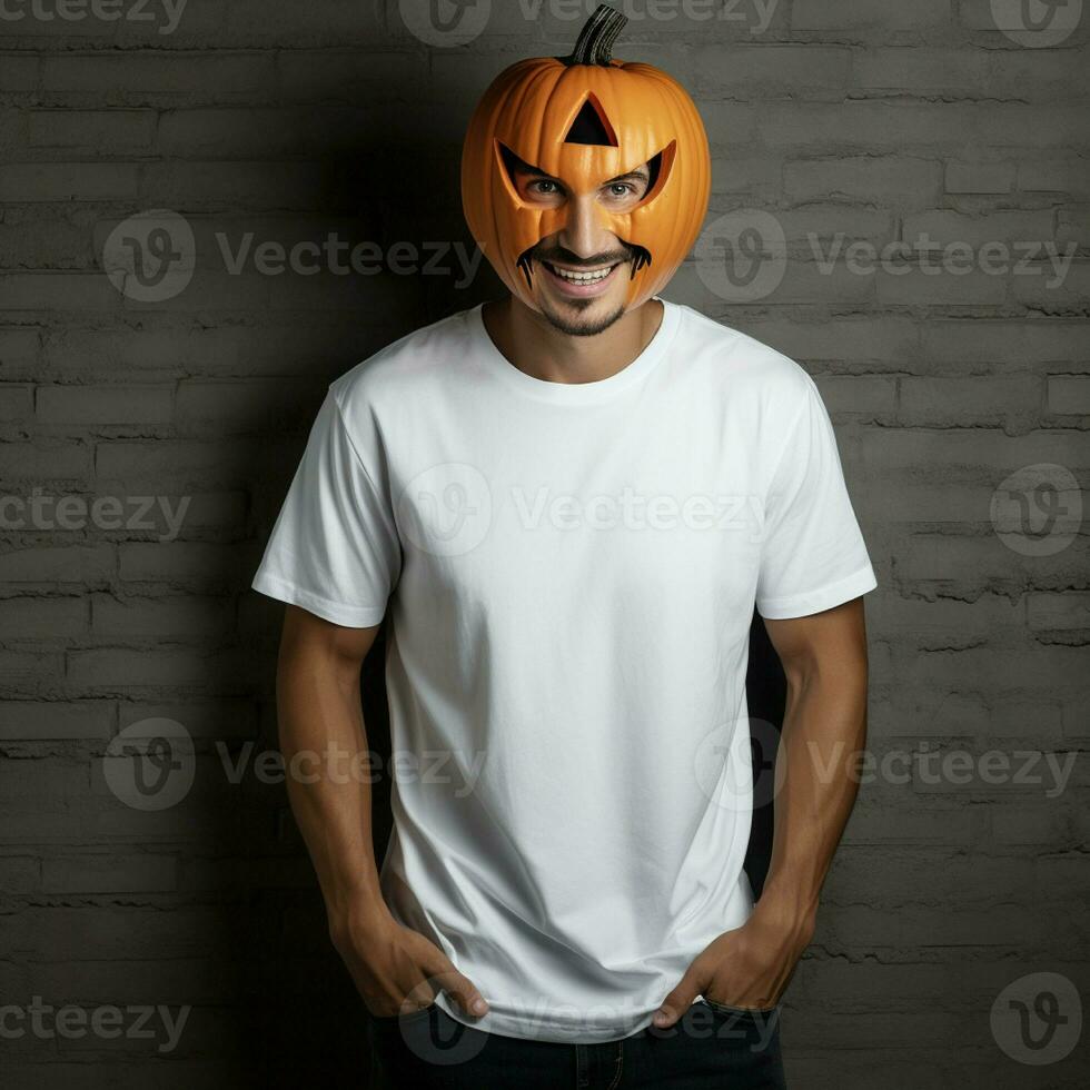 ai generiert Mann tragen leer Weiß t - - Shirt, tragen groß Halloween Kürbis Maske foto