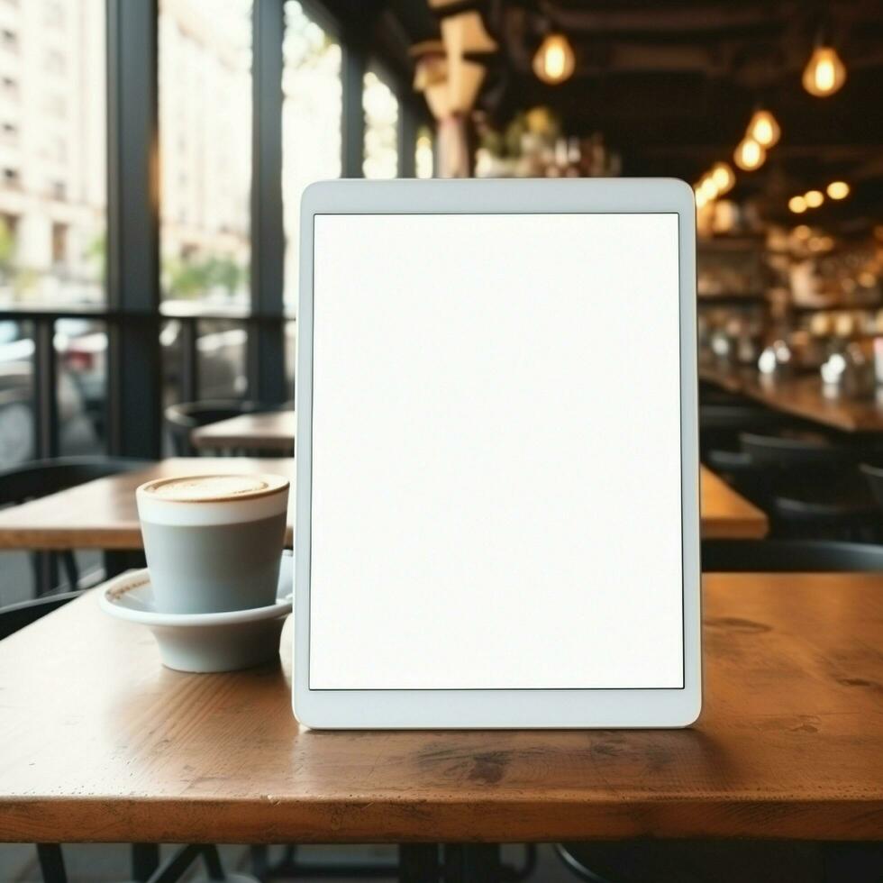 ai generativ hoch Qualität Foto von groß Tablette mit leer Bildschirm auf das Tisch, perfekt zu erstellen Attrappe, Lehrmodell, Simulation Vorschau