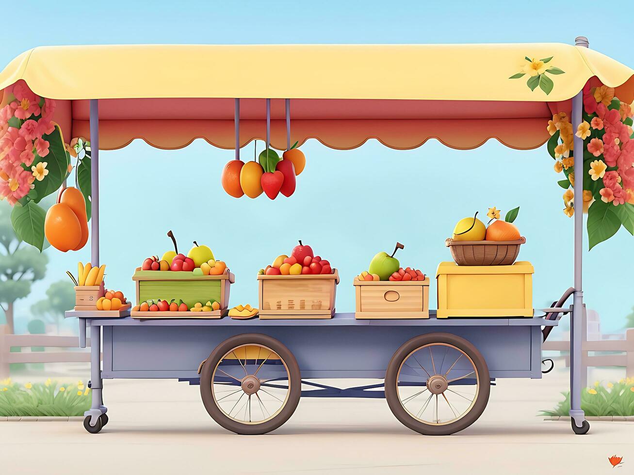 Straße Seite Szene mit Blume Wagen und Obst Wagen Szene Vektor catton Illustration, ai generiert foto