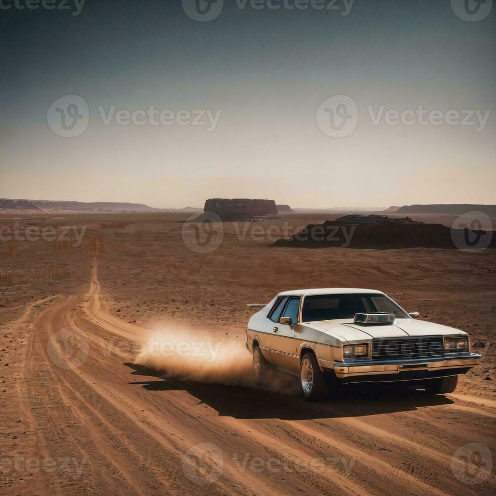 Foto von Auto im heiß Sand Wüste, generativ ai