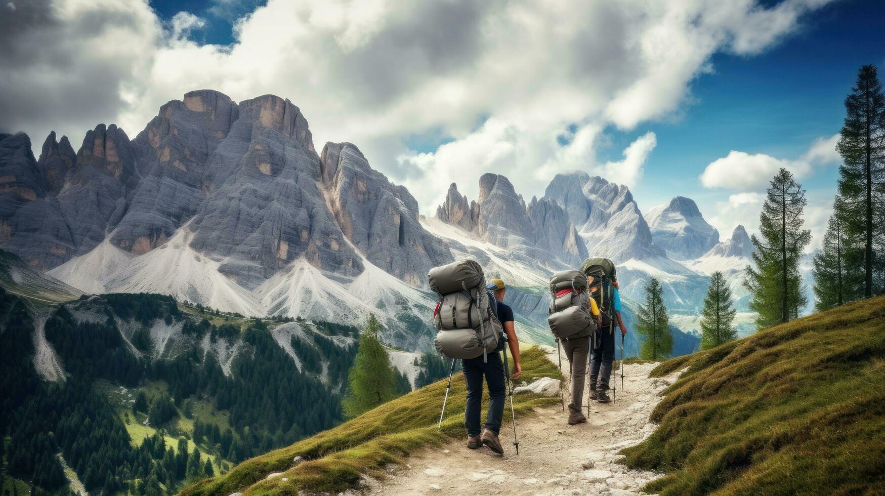 Wandern im das Dolomiten mit Rucksäcke auf das Weg foto