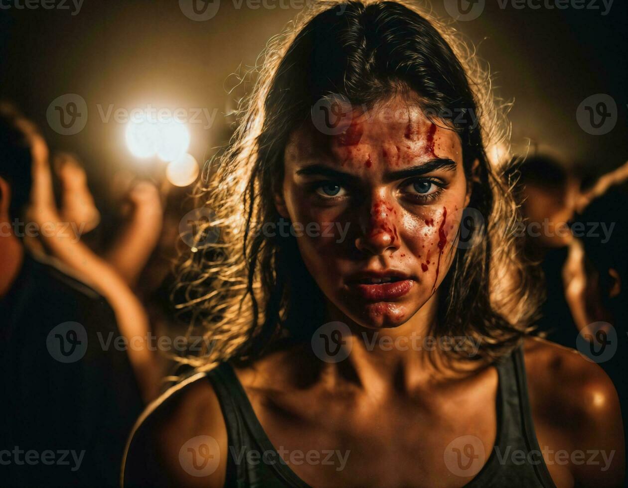 Foto Gruppe von Wut wütend Teenager Hochschule Mädchen Kampf das andere mit Wunde auf Gesicht, generativ ai