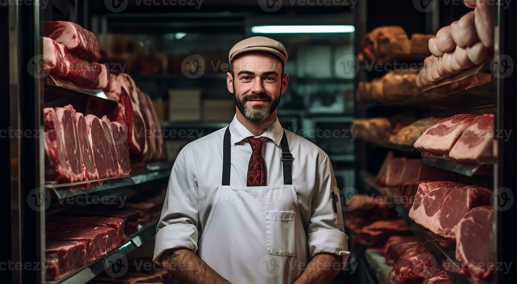 Mann Stehen im Vorderseite von Regale mit roh Fleisch. ai generiert foto