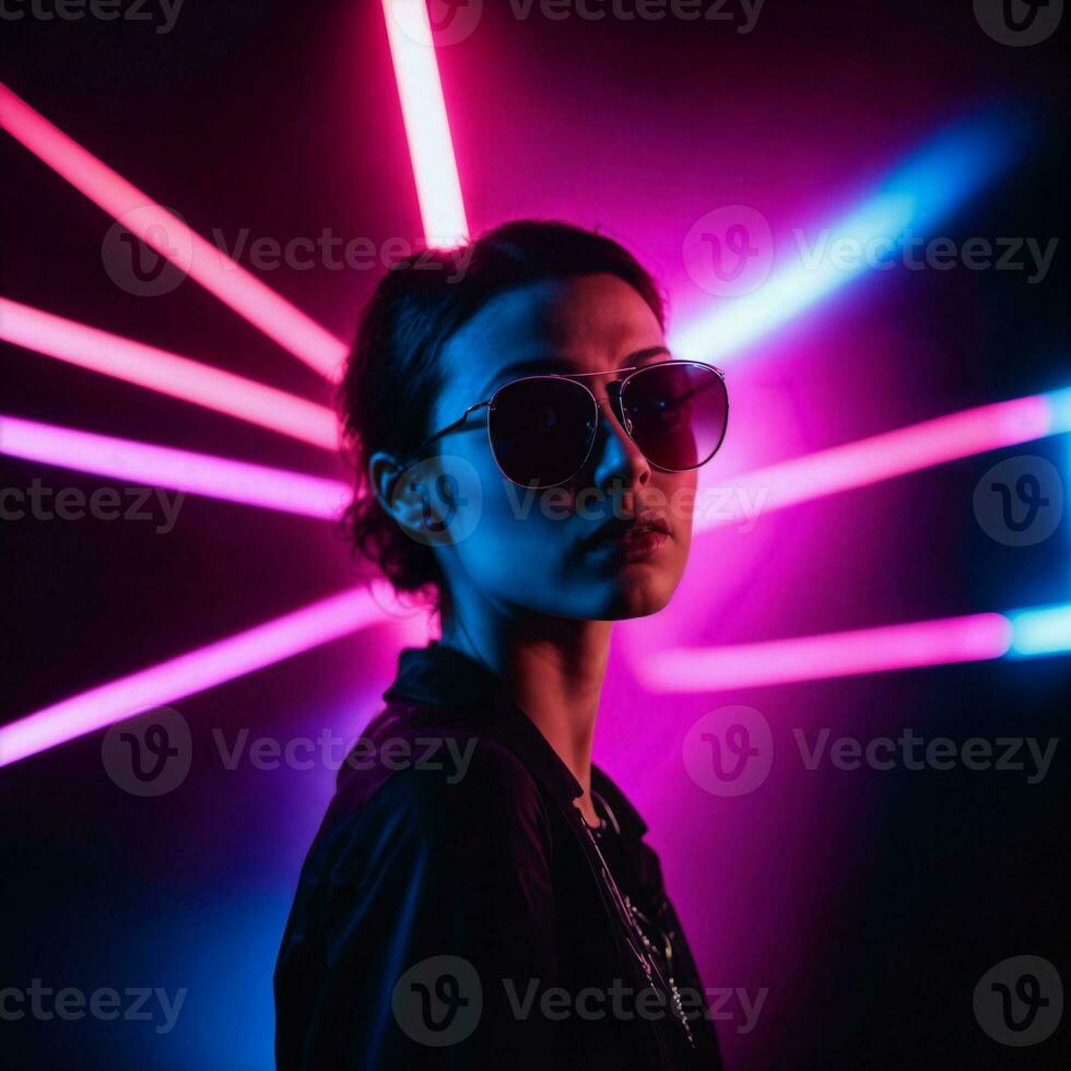 Foto von schön Frau mit mit gemischt Rosa und Blau Neon- Licht, generativ ai