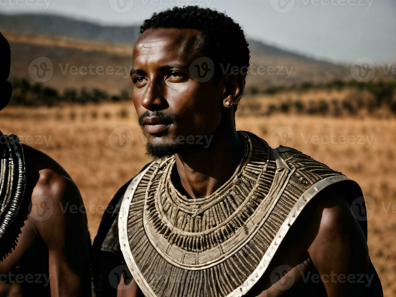 Foto von afrikanisch Mann Stammes- Krieger mit Rüstung, generativ ai