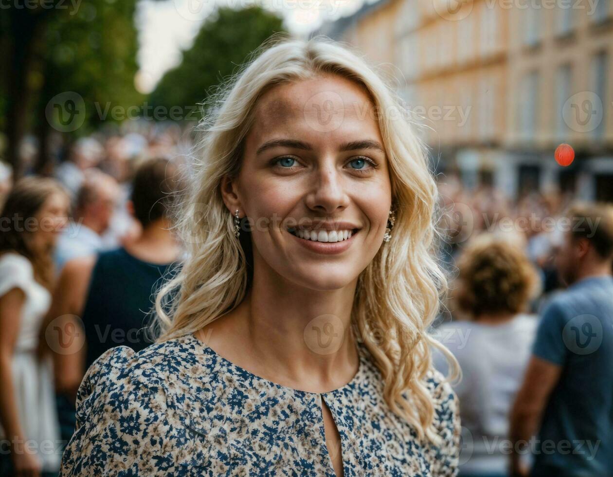 Foto von schön Frau beim Parade Straße im Europa Land, generativ ai