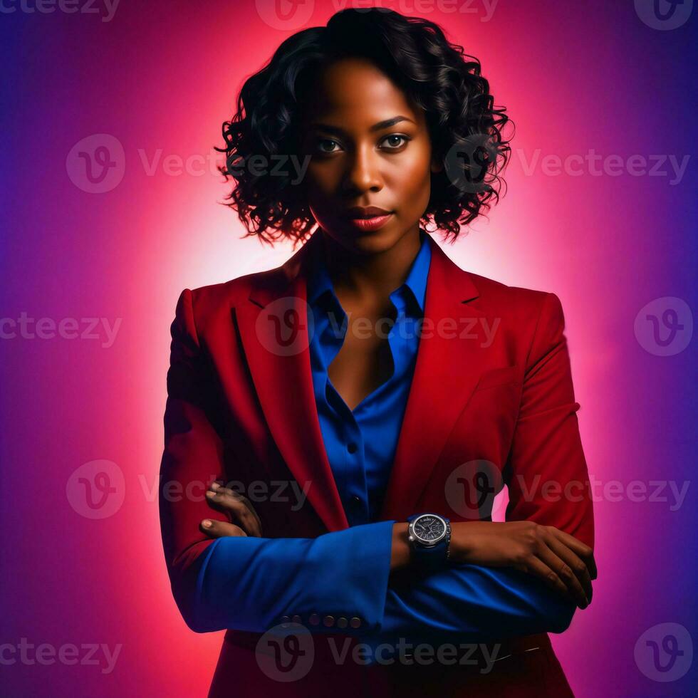 Foto von Clever afrikanisch Frau mit Geschäft passen beim Neon- gemischt rot und Blau Licht sci fi Hintergrund, generativ ai