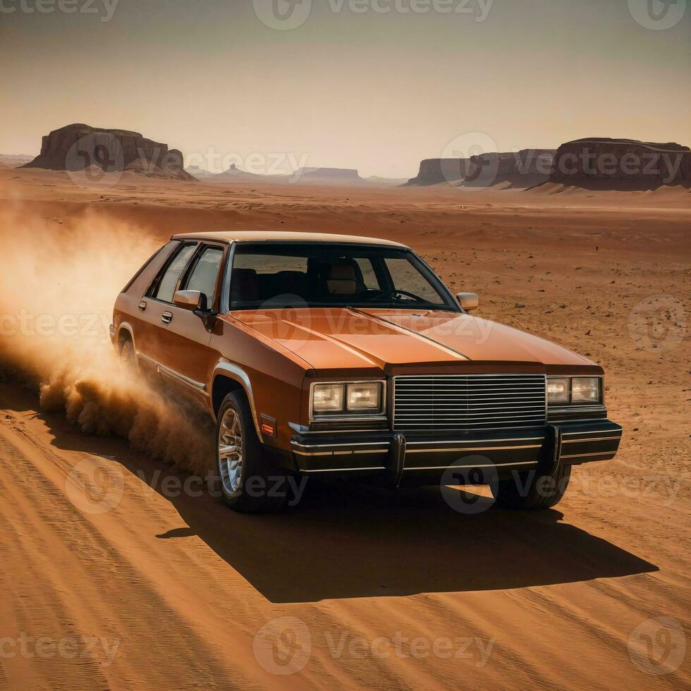 Foto von Auto im heiß Sand Wüste, generativ ai