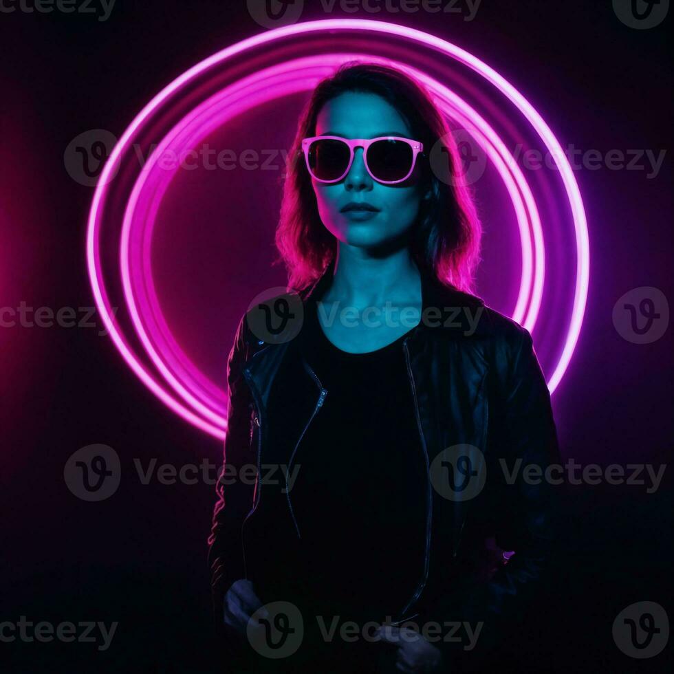 Foto von schön Frau mit mit gemischt Rosa und Blau Neon- Licht, generativ ai