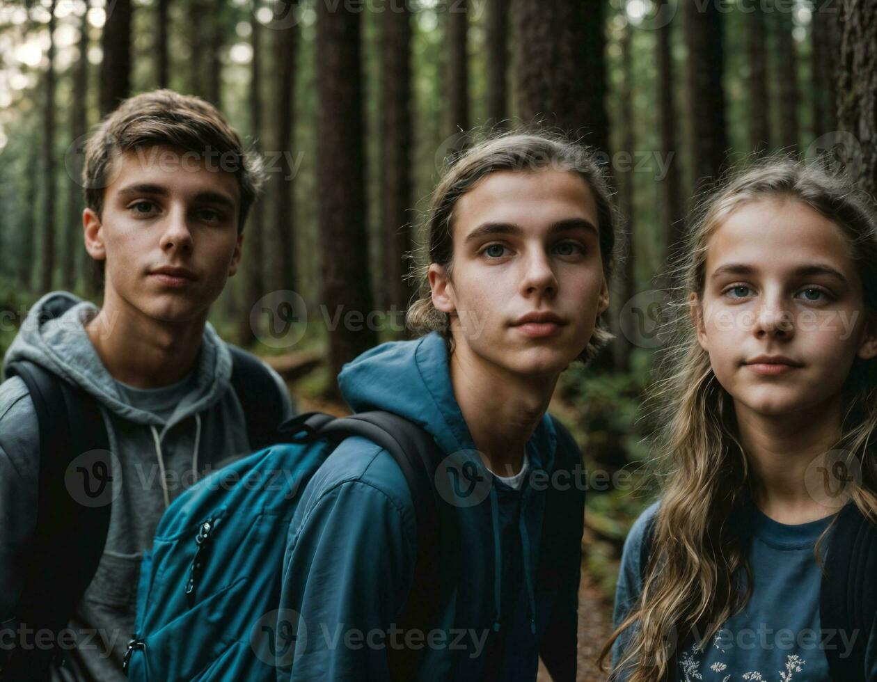 Foto Gruppe von Teenager wie ein Backpacker im das dunkel Holz, generativ ai