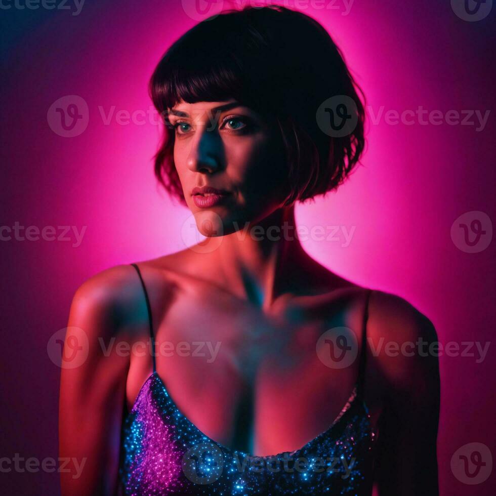 Foto von schön Frau mit kurz Haar und gemischt Rosa Neon- Licht, generativ ai