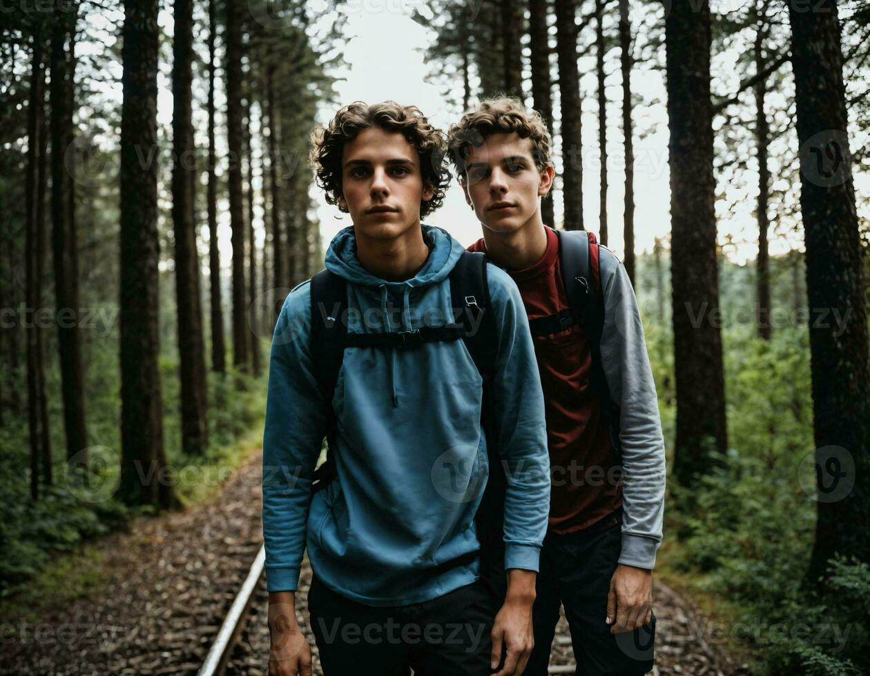 Foto Gruppe von Teenager wie ein Backpacker im das dunkel Holz, generativ ai