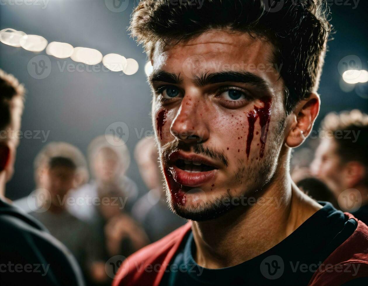 Foto Gruppe von Wut wütend Teenager Hochschule Junge Kampf das andere mit Wunde auf Gesicht, generativ ai