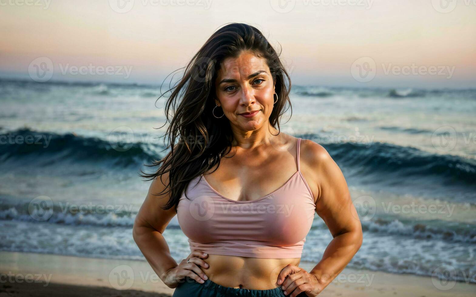 Foto von Mitte alt alt Frau beim Haus in der Nähe von Meer Strand, generativ ai