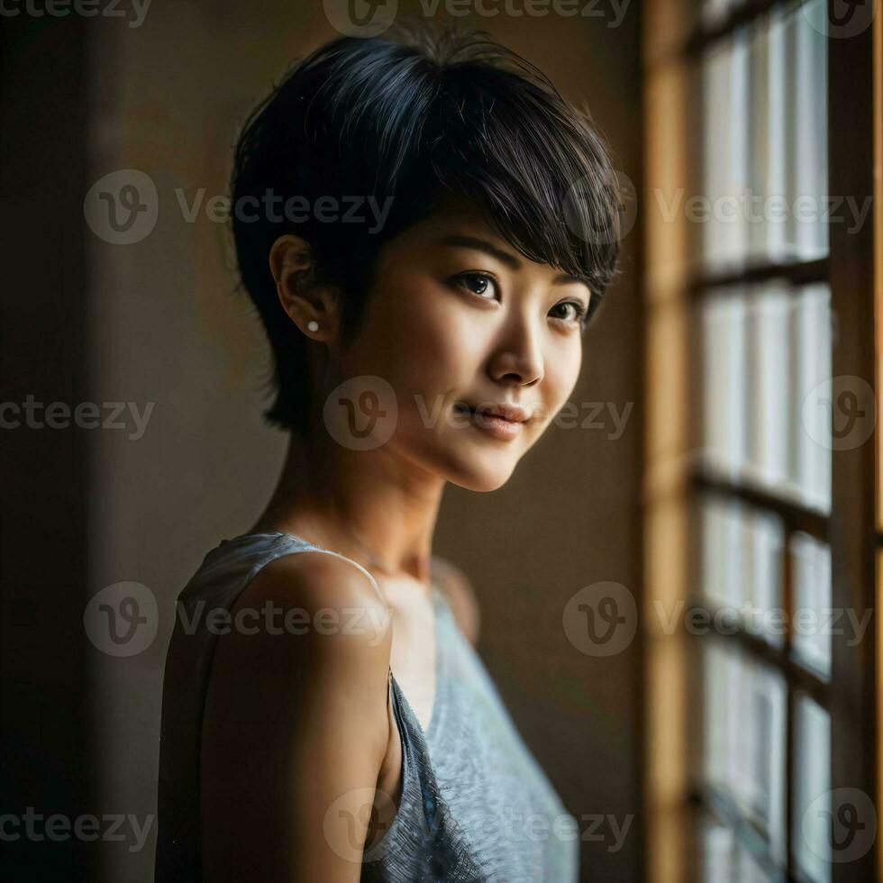 Foto von schön japanisch asiatisch Frau mit kurz Haar, generativ ai