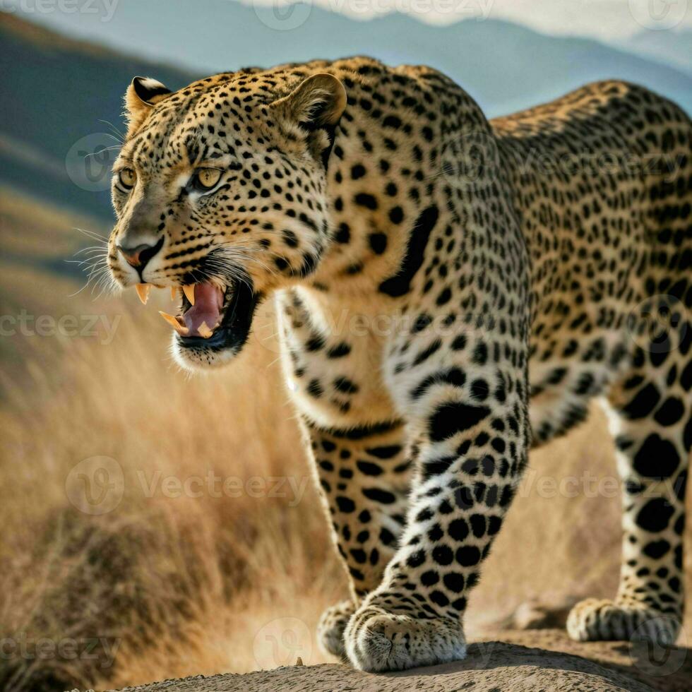 Foto von groß Leopard Laufen im das Wald, generativ ai