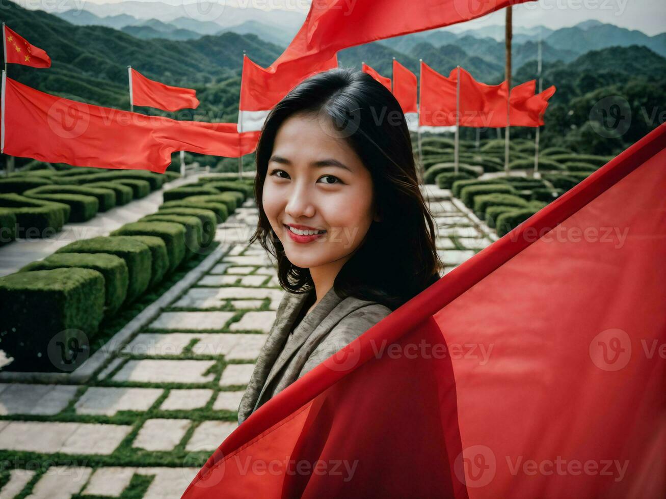 Foto von jung asiatisch Frau mit rot Flagge winken im das Wind, generativ ai