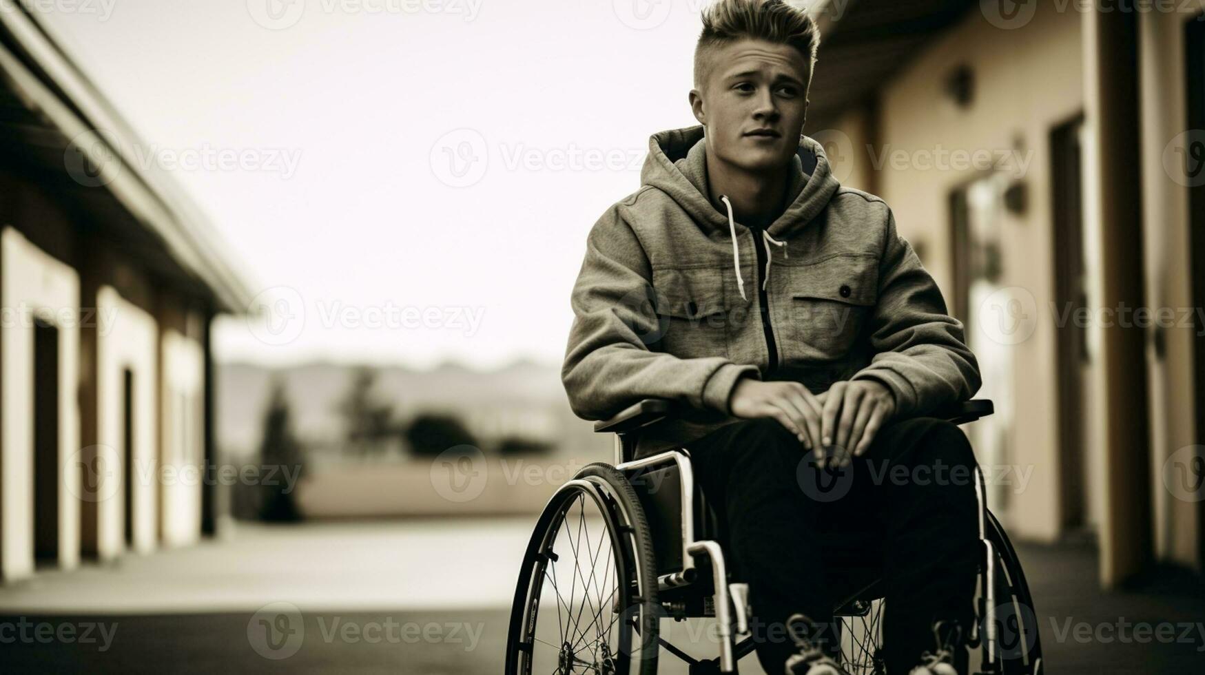 Mann auf Rollstuhl versuchen zu gehen Nieder das Schritte, Sepia Ton foto