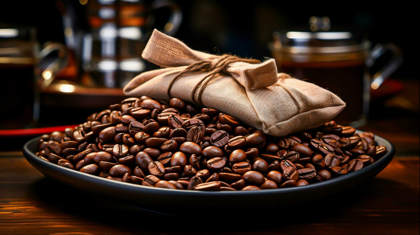 Kaffee Tasche eingewickelt im Kaffee Bohnen, generativ ai foto