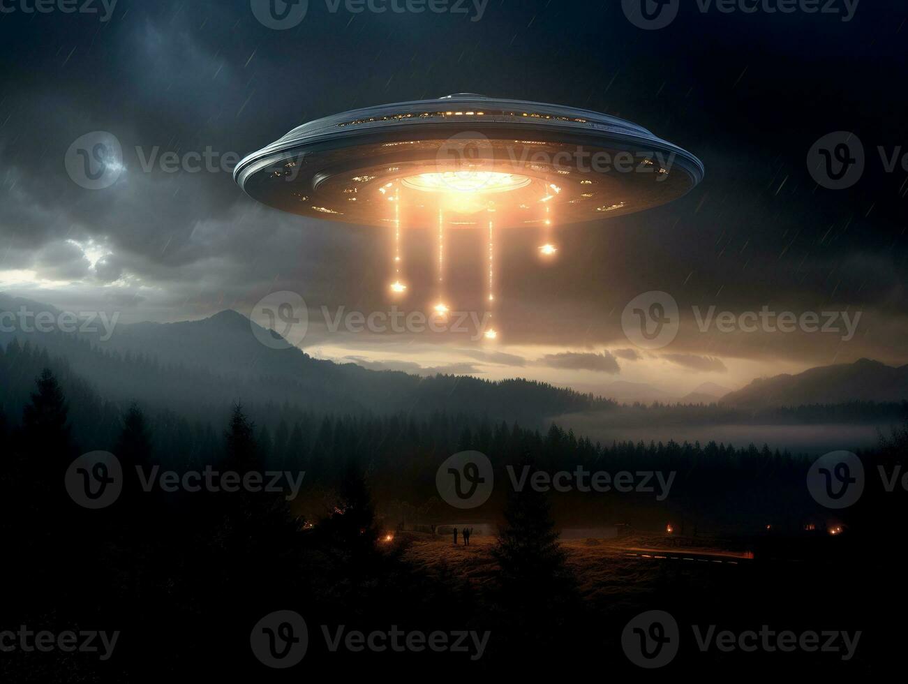 UFO fliegt Über das Nacht Dorf. Außerirdischer fliegend Untertasse. interplanetar Transport von das Zukunft. unbekannt fliegend Objekt. foto