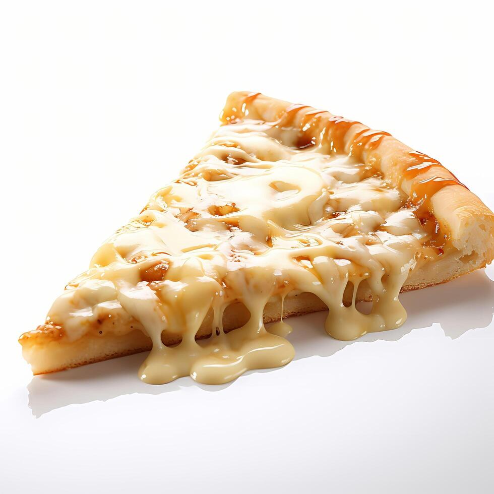 Nahansicht von ein Scheibe von Käse Pizza mit tropft Schmelze Mozzarella auf Weiß Hintergrund ai generativ foto