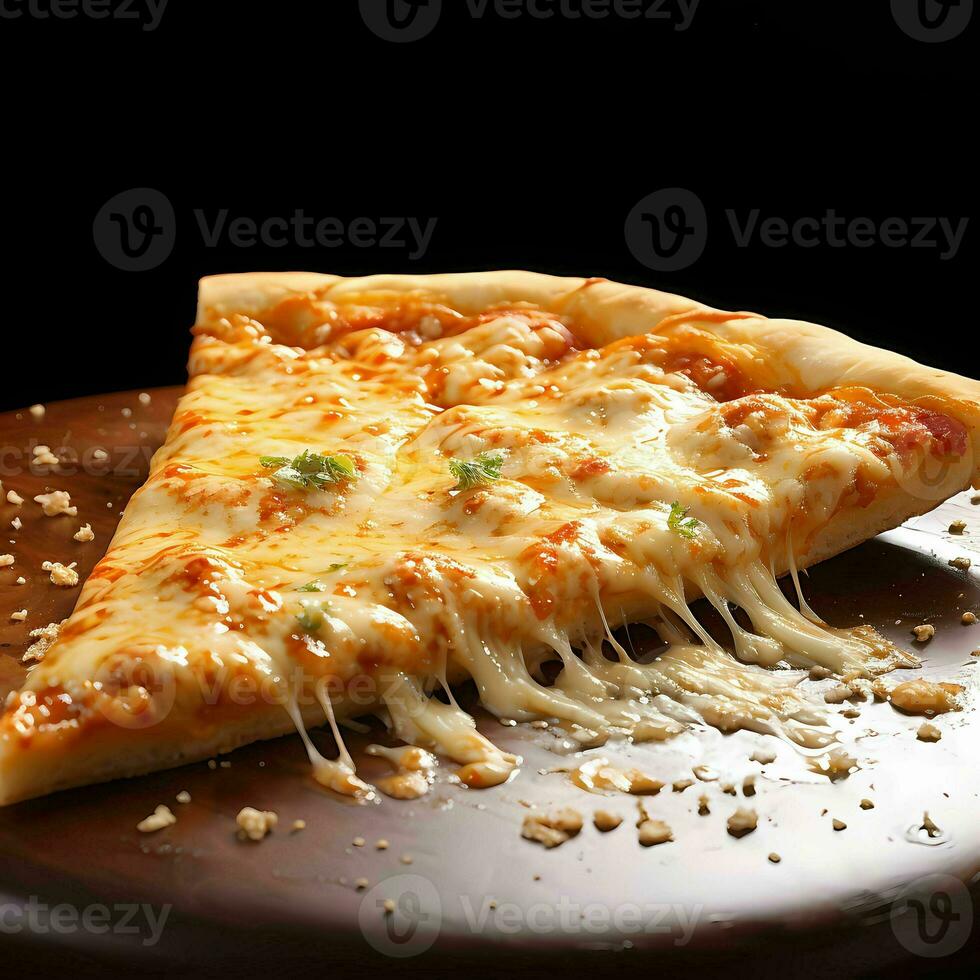 Nahansicht von ein Scheibe von Käse Pizza mit tropft Schmelze Mozzarella auf dunkel Hintergrund ai generativ foto
