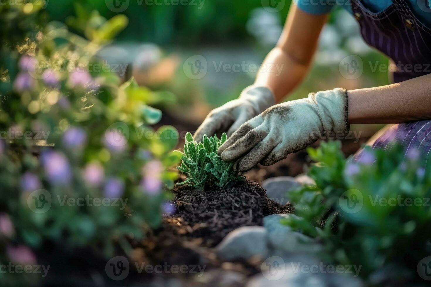 fotografieren von ein Frau im Garten Handschuhe Pflanzen Blumen zu wachsen Blumen im ihr Garten. generativ ai foto