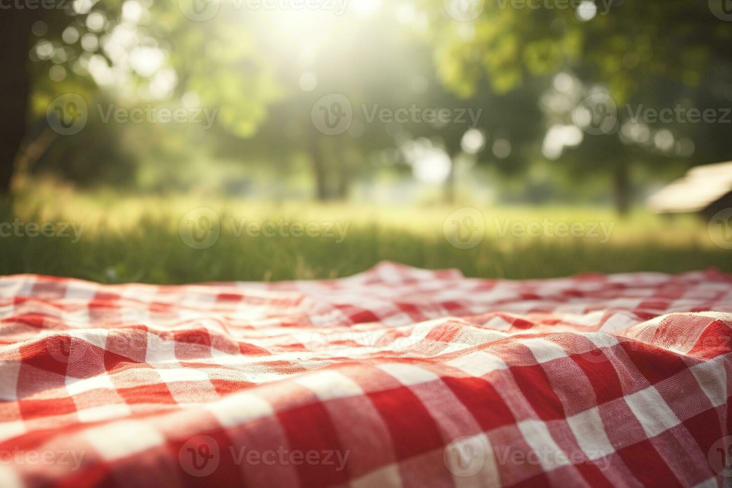 rot und Weiß Plaid Picknick Decke auf oben von ein Grün Feld im sonnig Tag auf Gras von Rasen im Sommer- Park. verschwommen Hintergrund. generativ ai foto